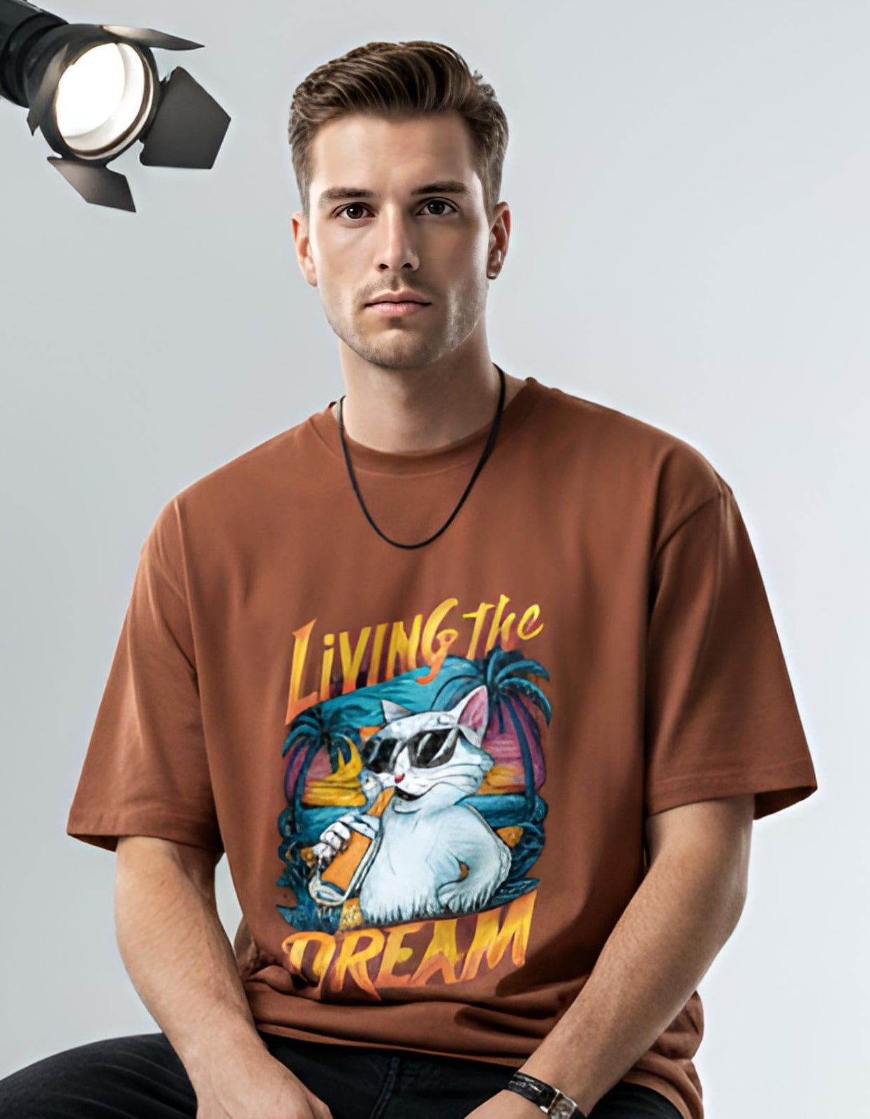 Living the Dream Retro Cat T-Shirt – Tropical Vibes Graphic Tee