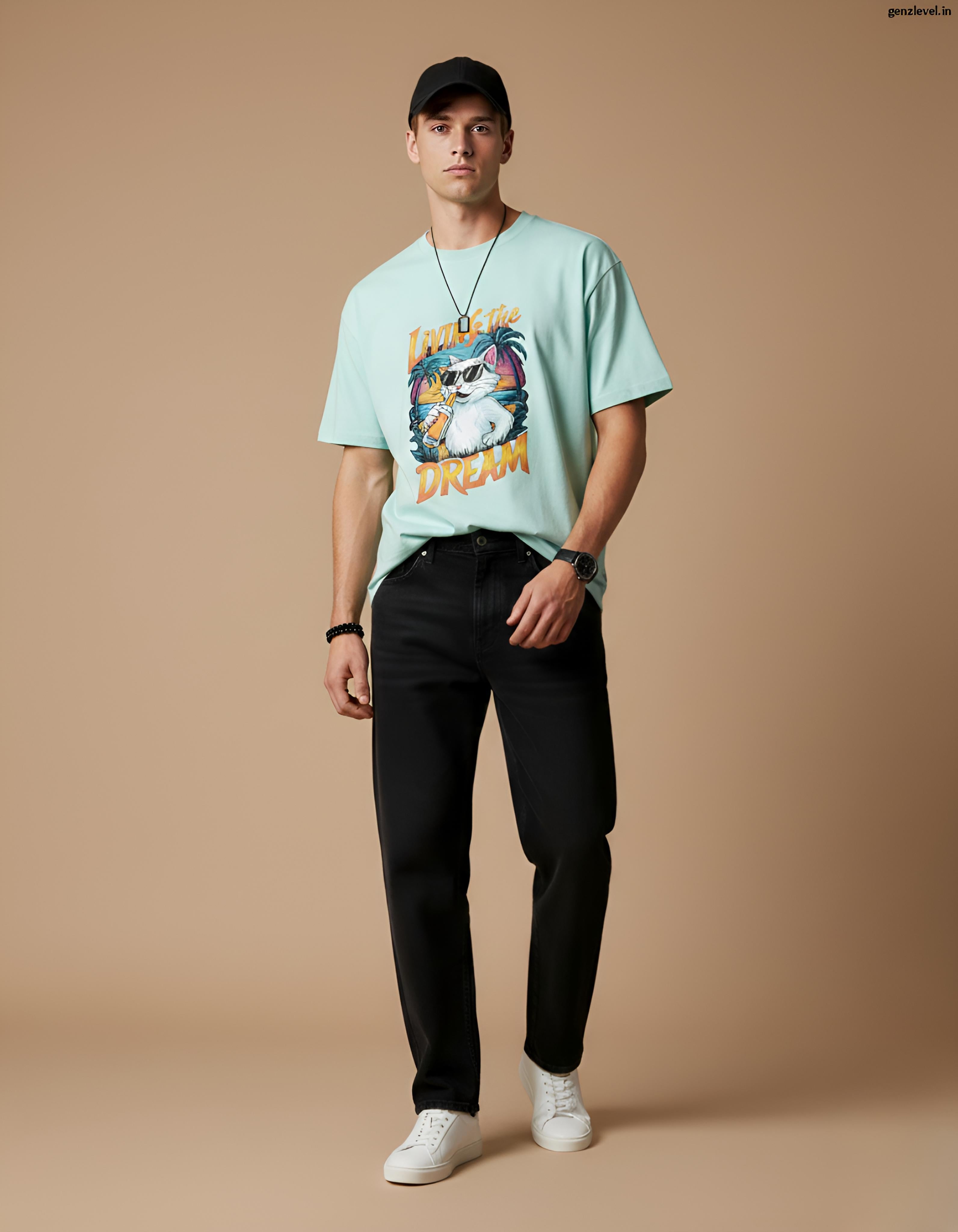 Living the Dream Retro Cat T-Shirt – Tropical Vibes Graphic Tee
