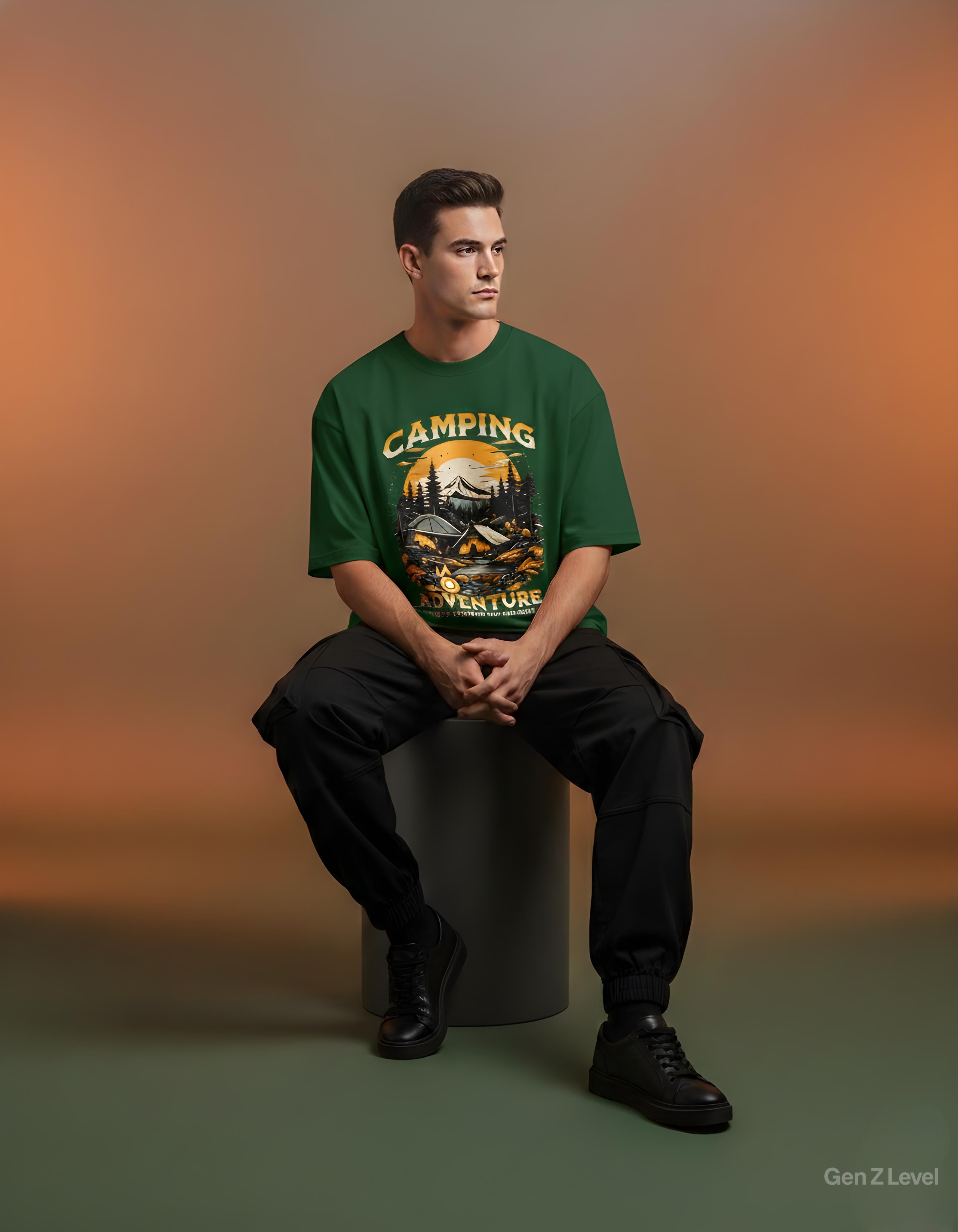Unisex Oversized Classic T-Shirt | "Camping Adventure" Bottle Green