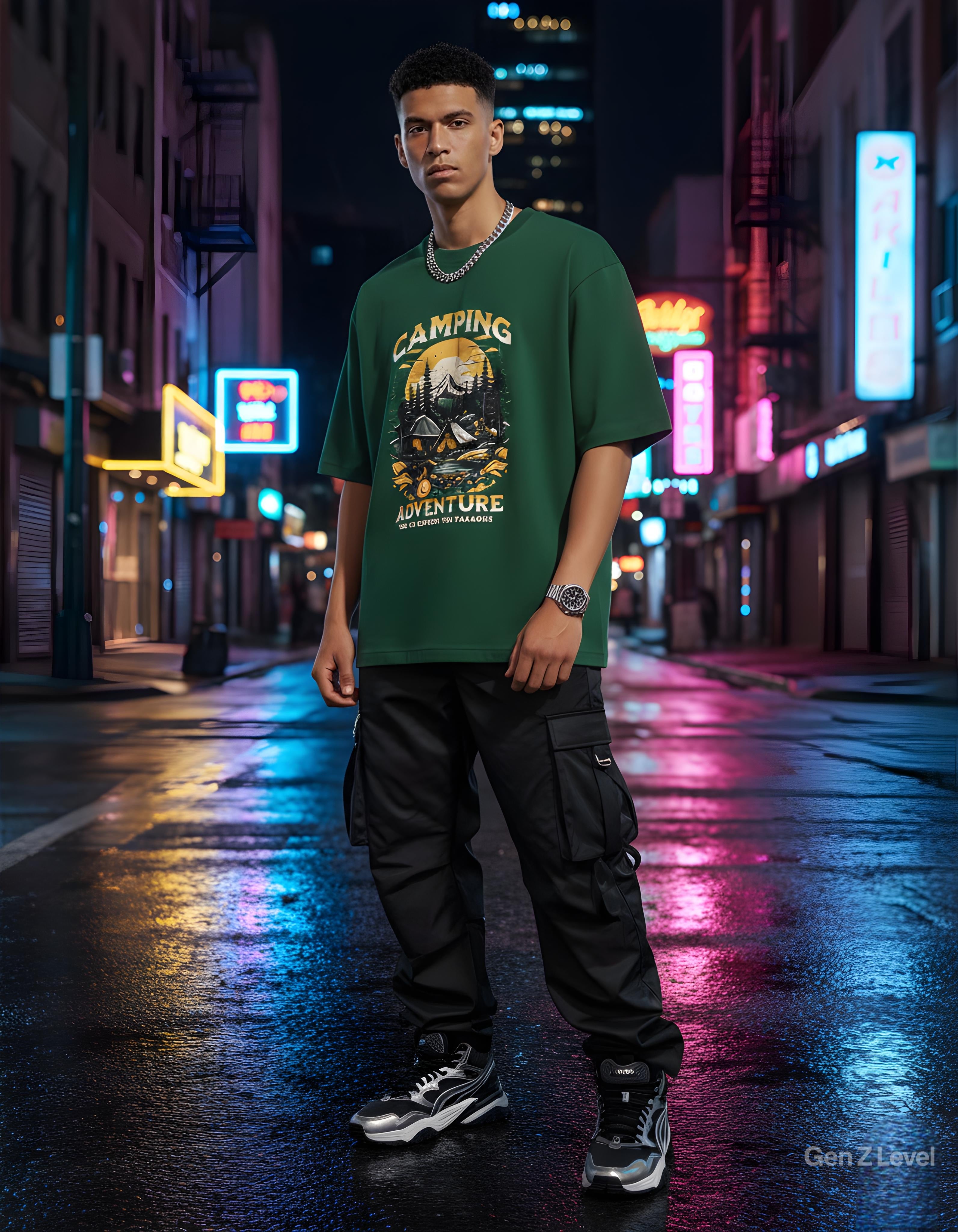 Unisex Oversized Classic T-Shirt | "Camping Adventure" Bottle Green